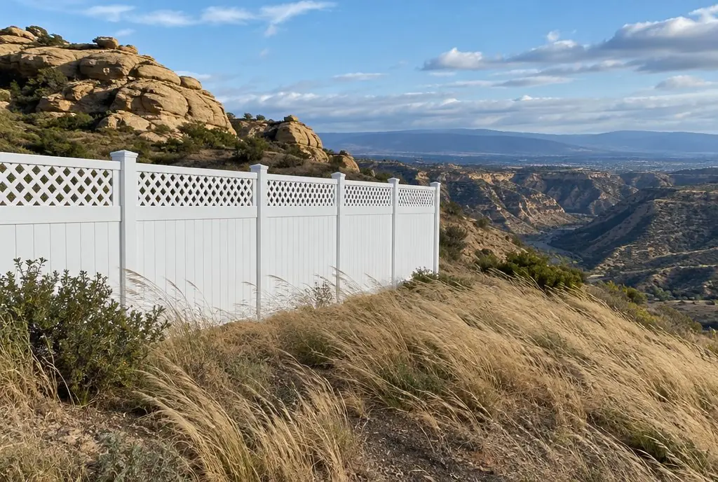 Typical Canyon Country backyard with a white vinyl fence