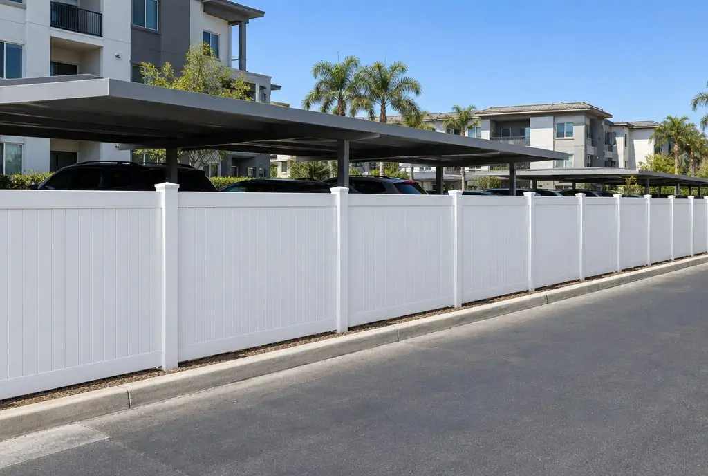 Illustration: a long white vinyl privacy fence screening the rear lot of a Santa Clarita apartment community with carports behind it