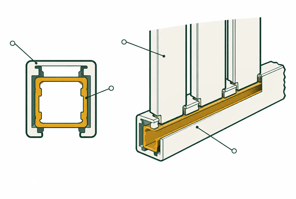 Diagram: a vinyl bottom rail shown in cross-section and in a cutaway length view with a rectangular aluminum channel inside, pickets seated in the rail above