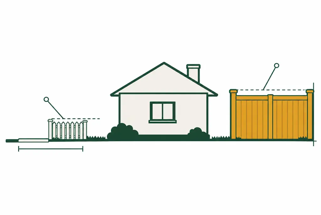 Diagram: side elevation of a house lot with a tall fence on the rear line and a low fence at the front, a horizontal dashed line marking the allowed rear height and another marking the front height, and a setback bracket from the sidewalk to the front fence