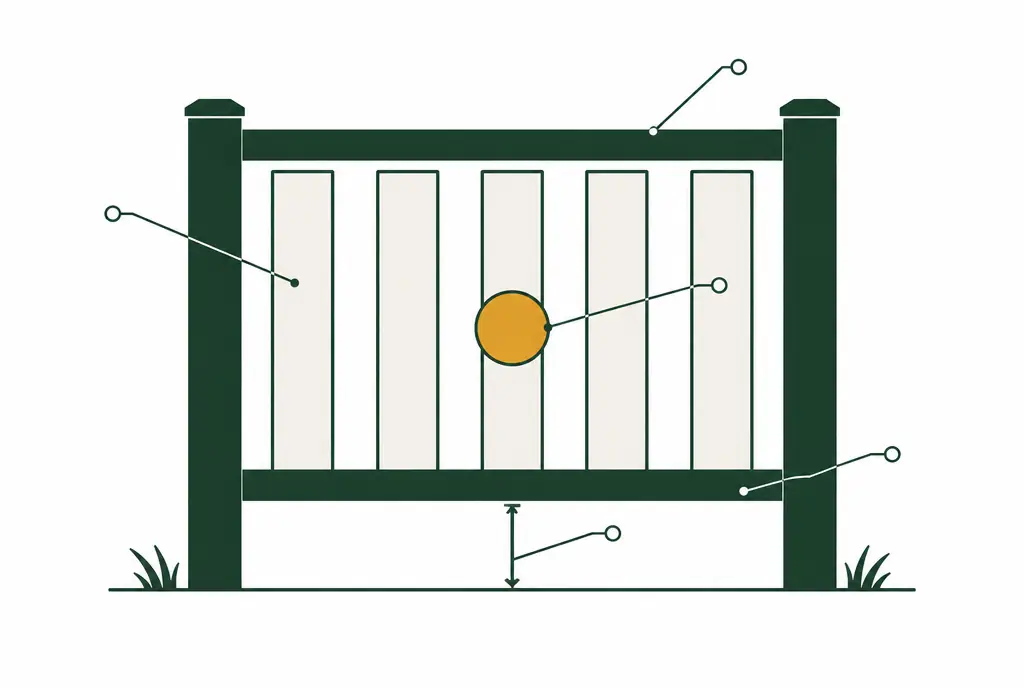 Diagram: front view of several vinyl pickets between two rails with an equal gap between each, a circle drawn in one gap showing the sphere that must not pass through, and a small bracket for the clearance under the bottom rail