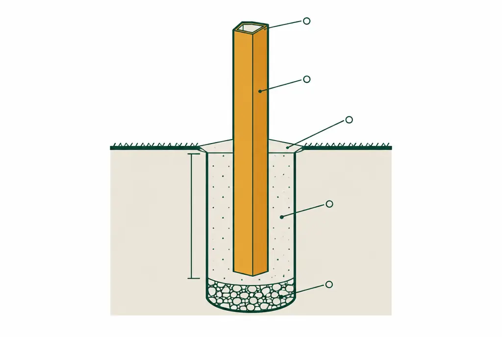 Diagram: cross-section of a vinyl fence post standing in a concrete footing below grade, gravel at the bottom of the hole, the footing sloped away from the post at the surface