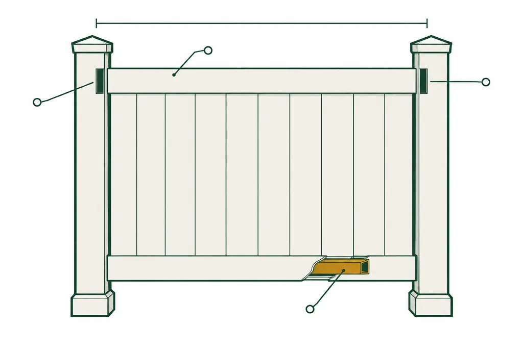 Diagram: front elevation of one bay of vinyl privacy fence between two posts, the bottom rail cut away to show an aluminum stiffener inside, routed holes in the posts where the rails enter
