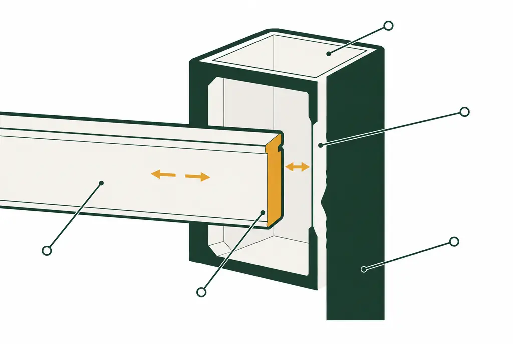 Diagram: cutaway of a vinyl post where a rail enters its routed opening, a small gap left between the end of the rail and the inside wall of the post, arrows showing the rail can move with temperature