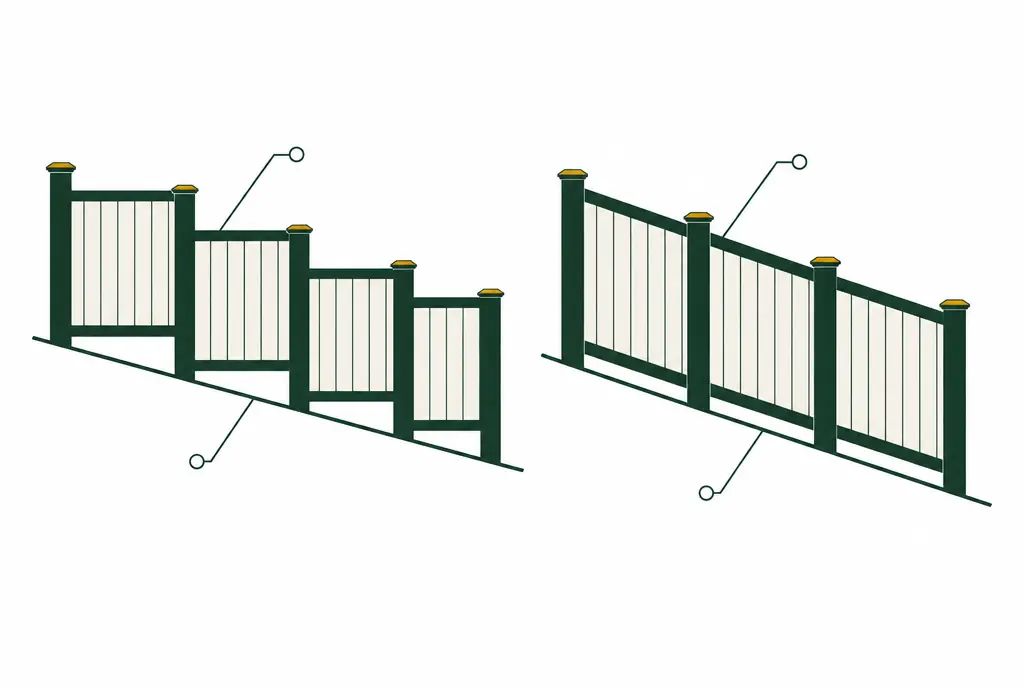 Diagram: two side-by-side elevations of a vinyl fence on the same slope, the left stepping down in level panels, the right racked with rails parallel to the ground and pickets plumb