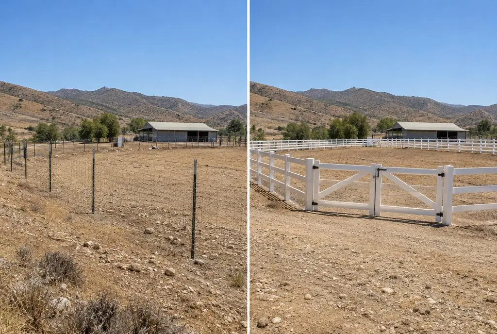 Illustration: split view of a dry Castaic hillside paddock, bare rocky ground with a wire fence line and a barn in the distance on the left and a white 3-rail vinyl ranch fence with a double gate around the same paddock on the right