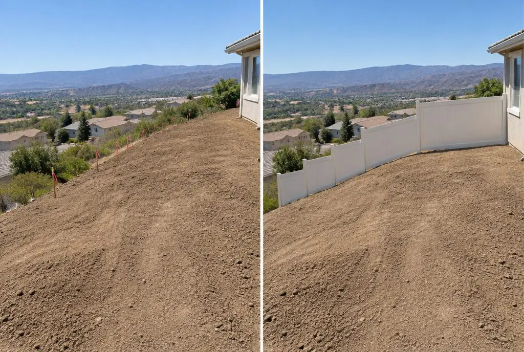 Illustration: split view of a sloped Canyon Country backyard, bare graded dirt with survey stakes along the property line on the left and a white vinyl privacy fence stepping down the slope in level panels on the right