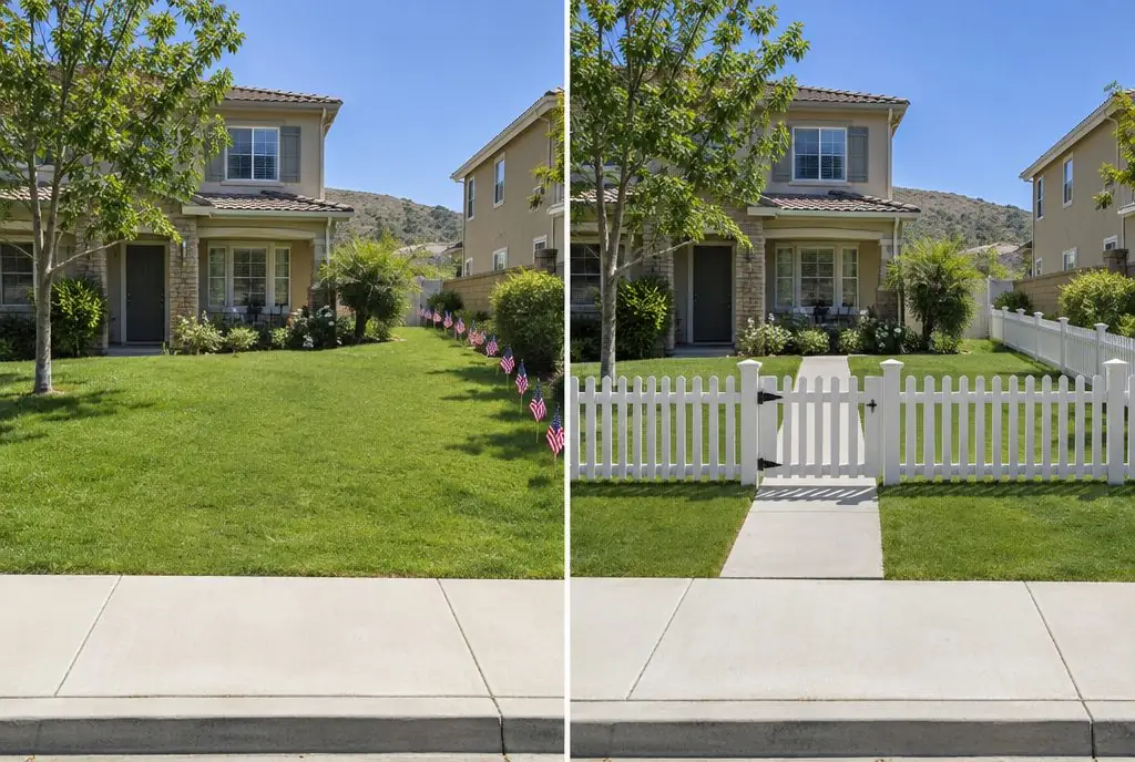 Illustration: split view of a Stevenson Ranch front yard, an open lawn meeting the sidewalk with a row of flags marking the fence line on the left and a low white vinyl picket fence with a walk gate at the path on the right