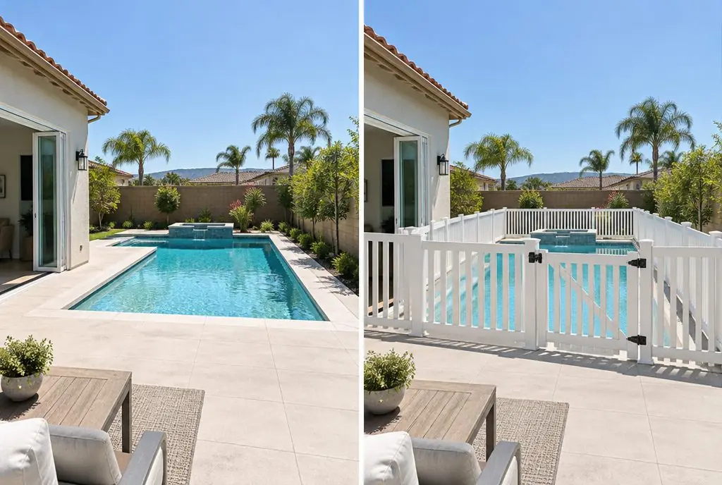 Illustration: split view of a Valencia backyard with a new pool and open patio doors on the left, and the same pool enclosed by a white vinyl picket fence with a self-closing gate and a high latch on the right