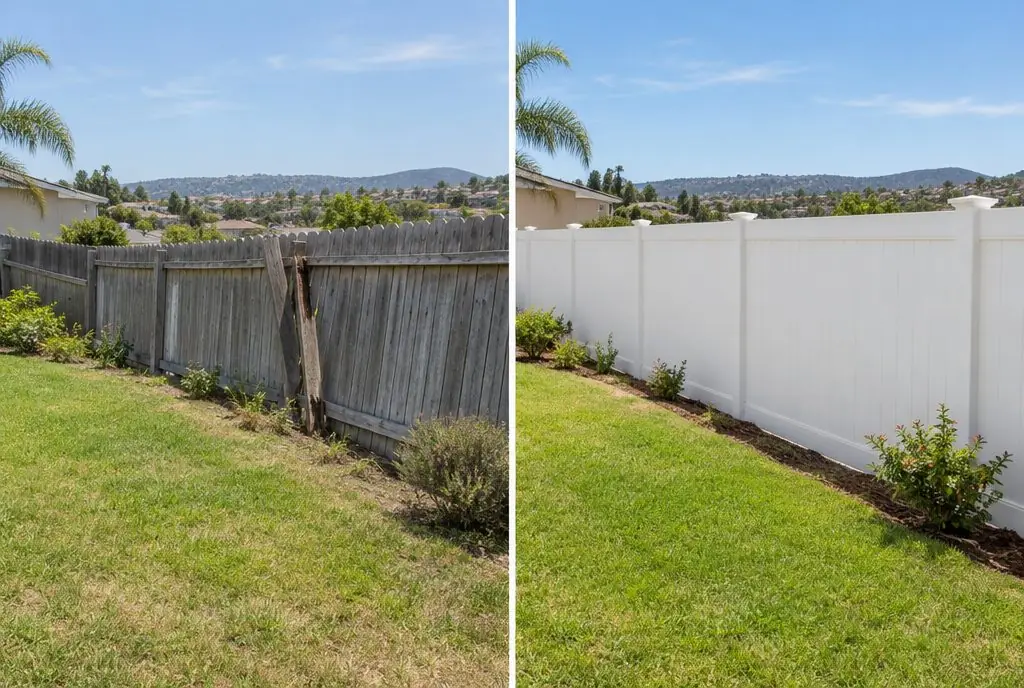 Illustration: split view of a flat Saugus backyard, a leaning gray dog-ear wood fence with a broken post on the left and a straight white vinyl privacy fence with flat caps along the same line on the right