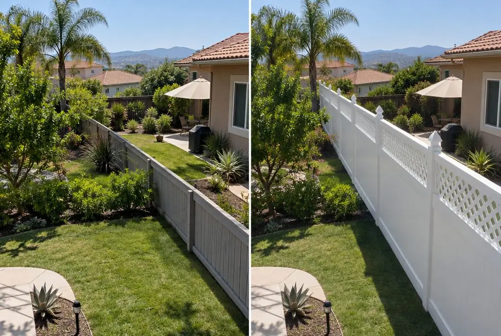 Illustration: split view of two Valencia backyards divided by a low gray wood fence on the left and by a tall white vinyl fence with a lattice top and pyramid caps on the right