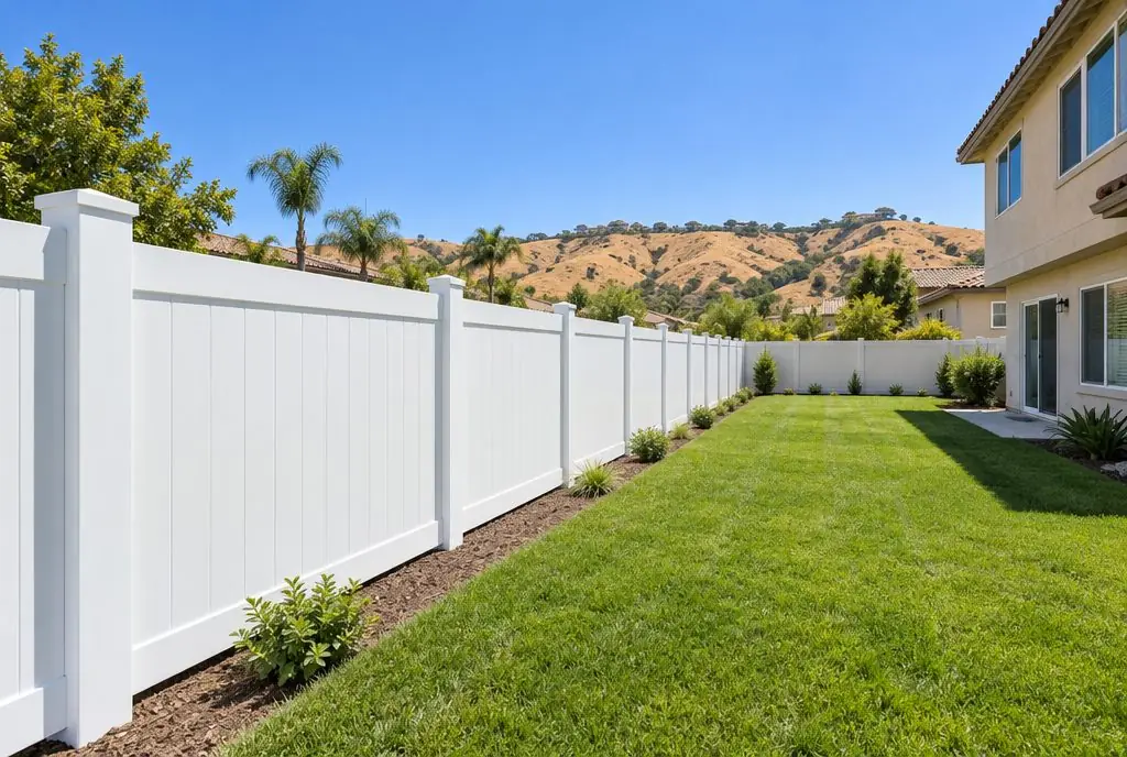 Illustration: a new white 6 ft vinyl privacy fence along the side yard of a Santa Clarita stucco home