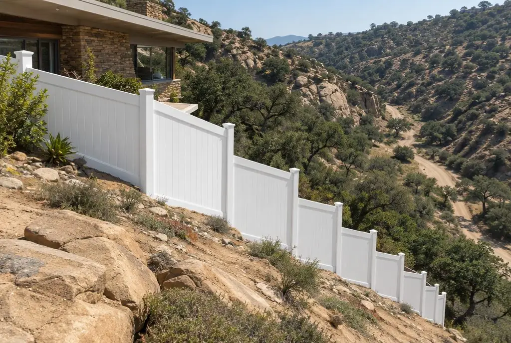 Typical Val Verde backyard with a white vinyl fence
