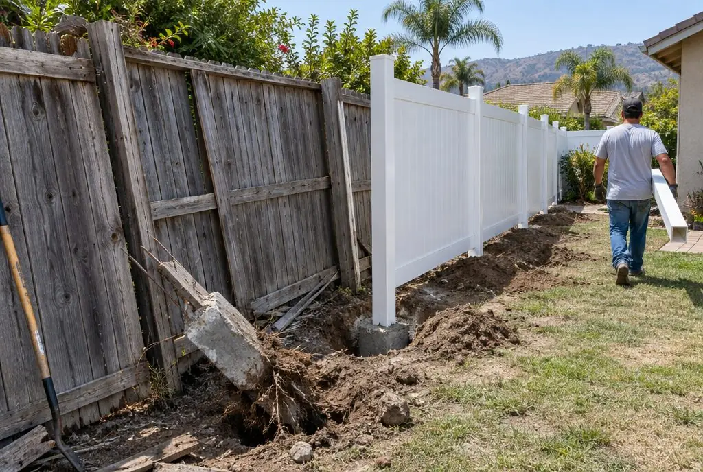 Illustration: a weathered gray wood fence being removed beside a new white vinyl privacy fence in a Saugus backyard