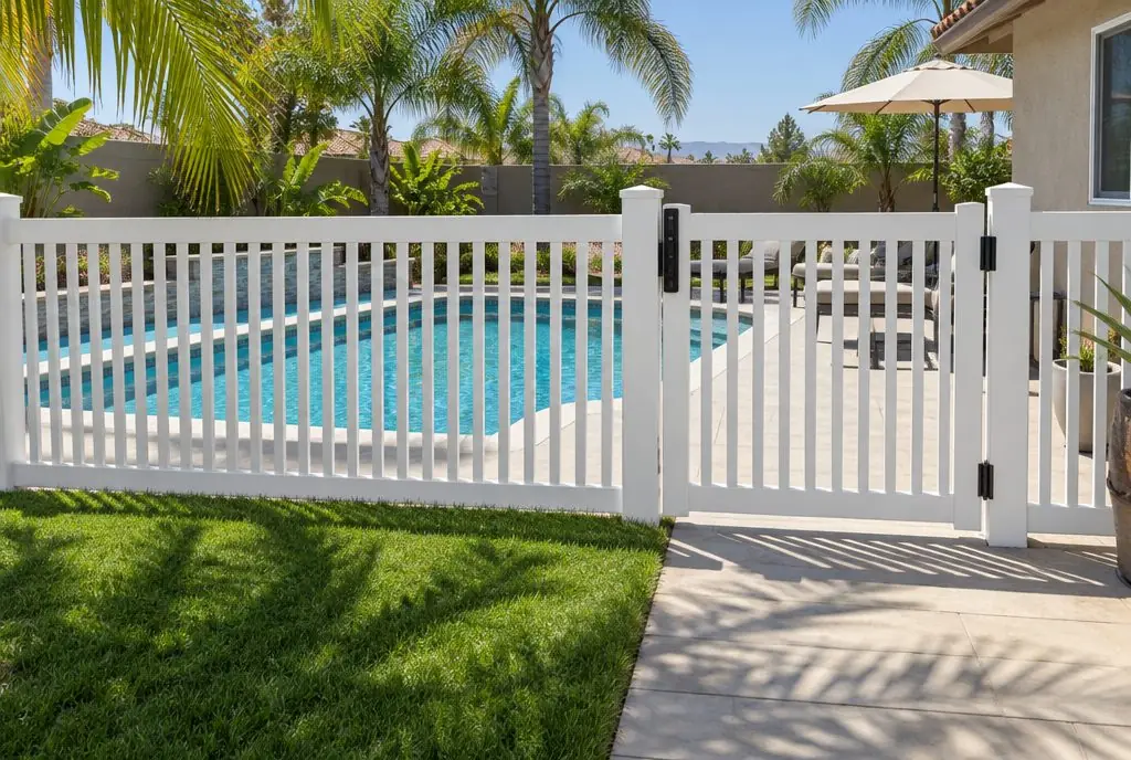 Illustration: a white vinyl picket pool fence with a self-closing gate separating a backyard pool from the lawn in Santa Clarita