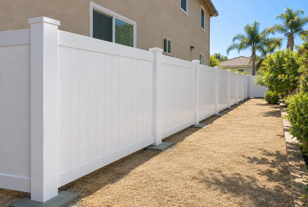 Illustration: a new white 6 ft vinyl privacy fence along the side yard of a Santa Clarita stucco home
